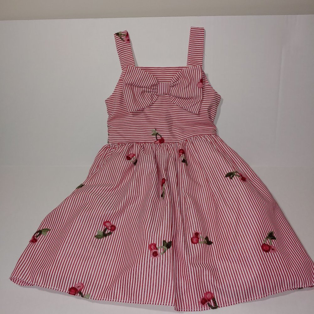 Rare Editions  Girls Embroidered Striped Cherry Dress Size 4T Red White